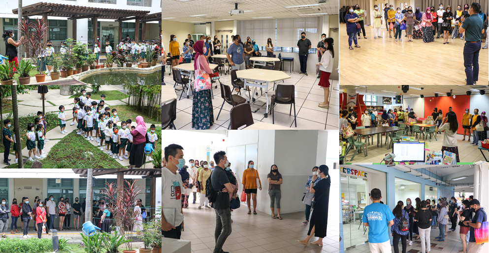 Collage of six photos showing groups of masked people touring indoor and outdoor areas of a school campus.